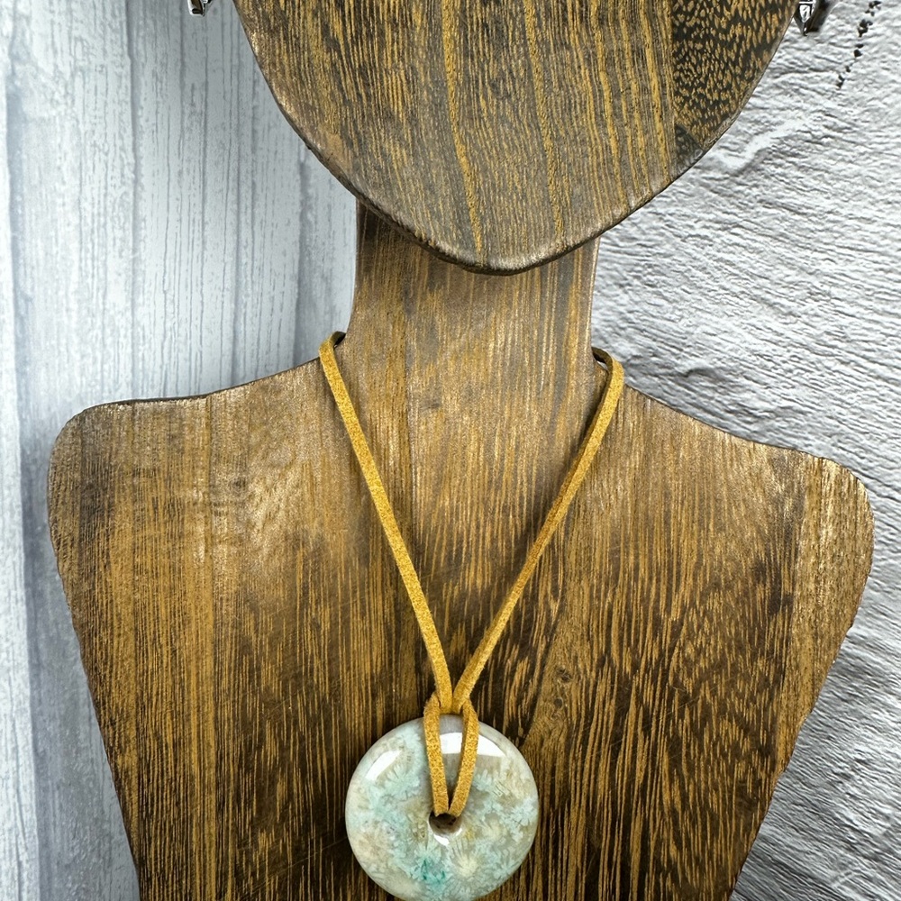 Green Coral Fossil Donut Pendant on Brown Faux Suede - Picture 4 of 11